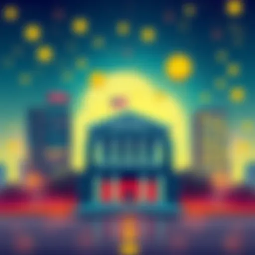 Illustration showing stablecoin symbols and US bank buildings, indicating financial growth