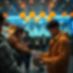 A visual representation of stablecoins used in everyday transactions, featuring people exchanging digital currency on their mobile devices in a modern setting.