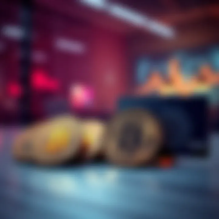 A visual representation of stablecoins being used for corporate payments, showing coins labeled as stablecoins and a corporate card in a business setting.