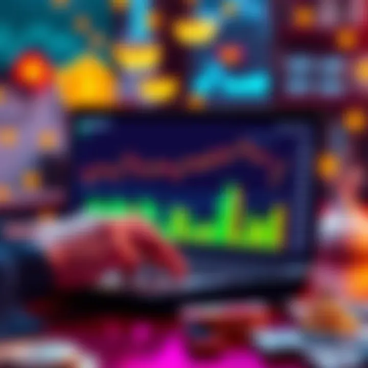 A person analyzing financial data on a laptop with charts showing stablecoin yields, surrounded by dollar bills and cryptocurrency symbols.