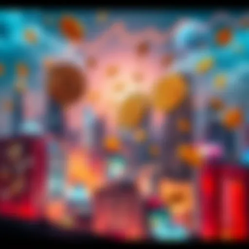 A digital representation of stablecoins impacting global finance, with coins floating over a city skyline symbolizing economic change.