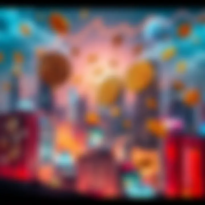 A digital representation of stablecoins impacting global finance, with coins floating over a city skyline symbolizing economic change.