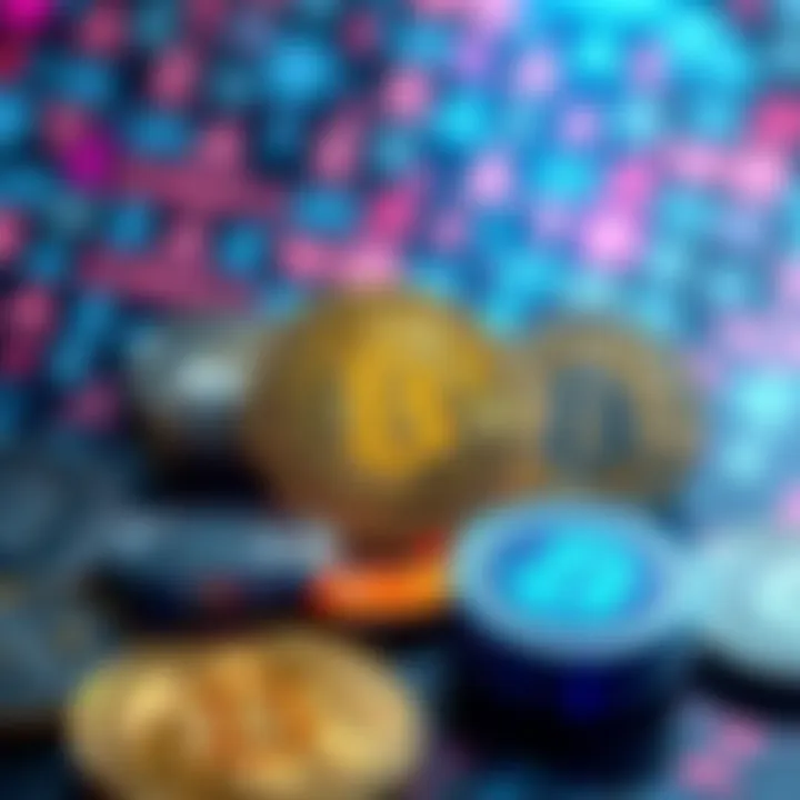 A visual representation of various stablecoins with a backdrop of digital currency symbols, highlighting their role in transactions and investments in cryptocurrency.