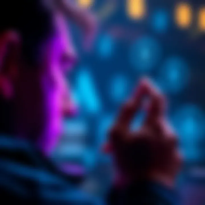 Staking Ethereum on Ledger Wallet A person looking at a Ledger wallet with Ethereum symbols around it, depicting the concept of staking cryptocurrency safely.