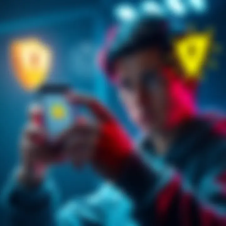 A person looking worried while holding a smartphone showing a cryptocurrency wallet app, with visual symbols of security concerns around them.