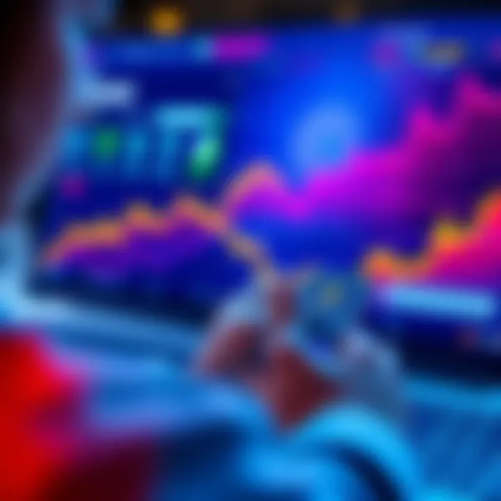 A person using a smartphone to stake Solana on a crypto platform, with charts and graphs showing profit growth in the background.