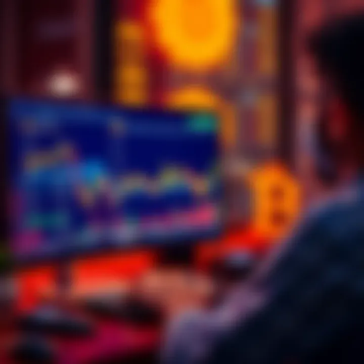A person reviewing investment options on a computer screen, with graphs and currency symbols in the background, representing safe staking of USDC.