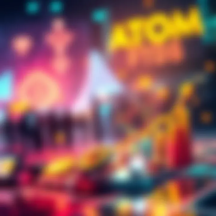 A vibrant graphic showing the potential of staking ATOM with visual elements representing community engagement and investment growth.