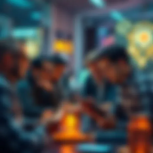 A group of people discussing staking strategies for ATOM, ETH, and Fetch.ai on their devices.