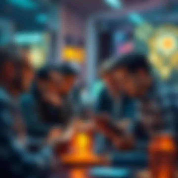 A group of people discussing staking strategies for ATOM, ETH, and Fetch.ai on their devices.