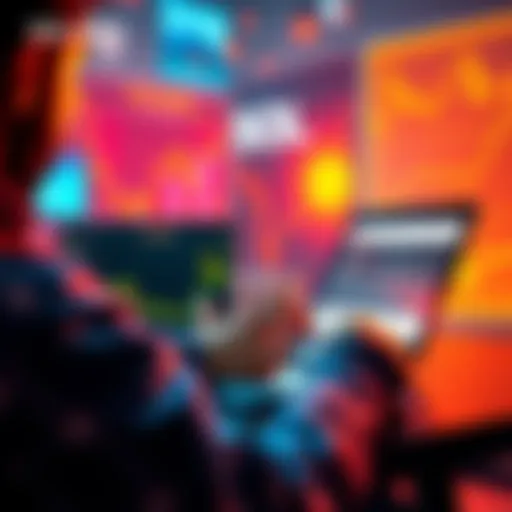 A person reviewing their SOL staking account on a laptop, surrounded by Solana related graphics and charts.