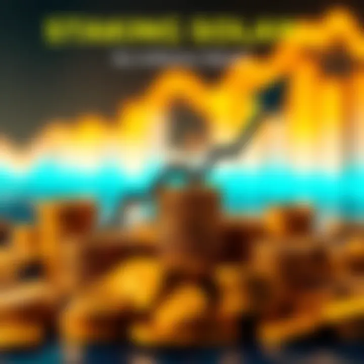 A graphic showing Solana coins increasing in value with an upward arrow, symbolizing the benefits of staking against inflation.