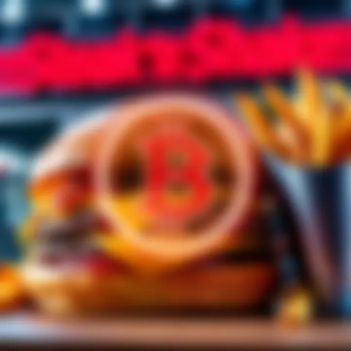 A burger and fries with a Bitcoin symbol overlay, showcasing Steak ‘n Shake's acceptance of Bitcoin payments.