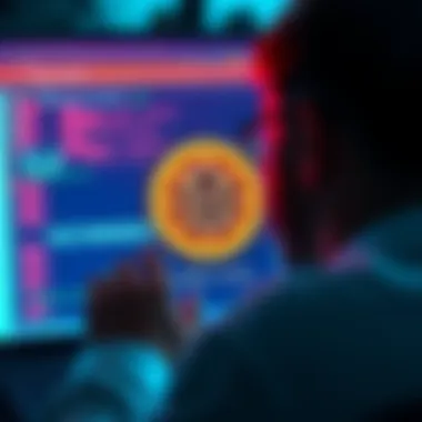 A person looking at a computer screen with a locked padlock icon and a 54-digit code, representing attempts to recover a lost secret key for Stellar Lumens assets.