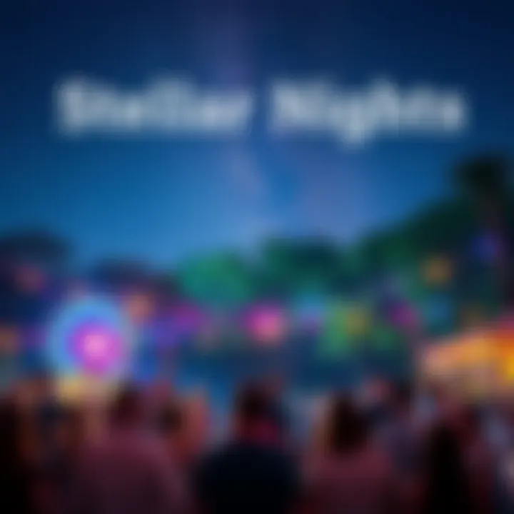 A vibrant gathering under the stars with people enjoying activities and celebrating community achievements.