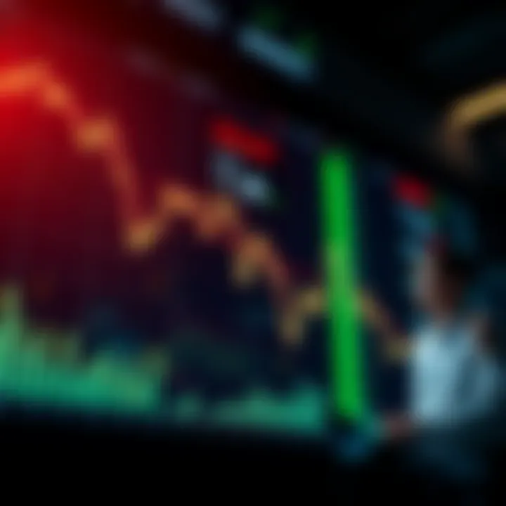 A graph showing a downward trend in stock prices with worried investors looking on.