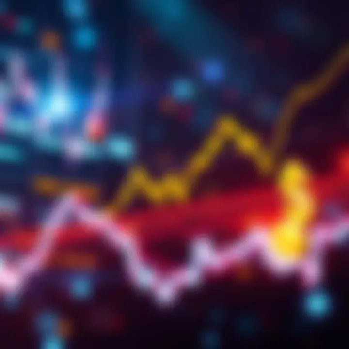 A stock market chart showing a rapid rise, with symbols of the USD and a Bitcoin symbol declining in the corner.
