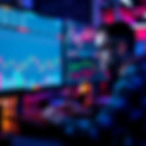A trader analyzing stock charts and indicators on a computer screen, focusing on volume and market trends.