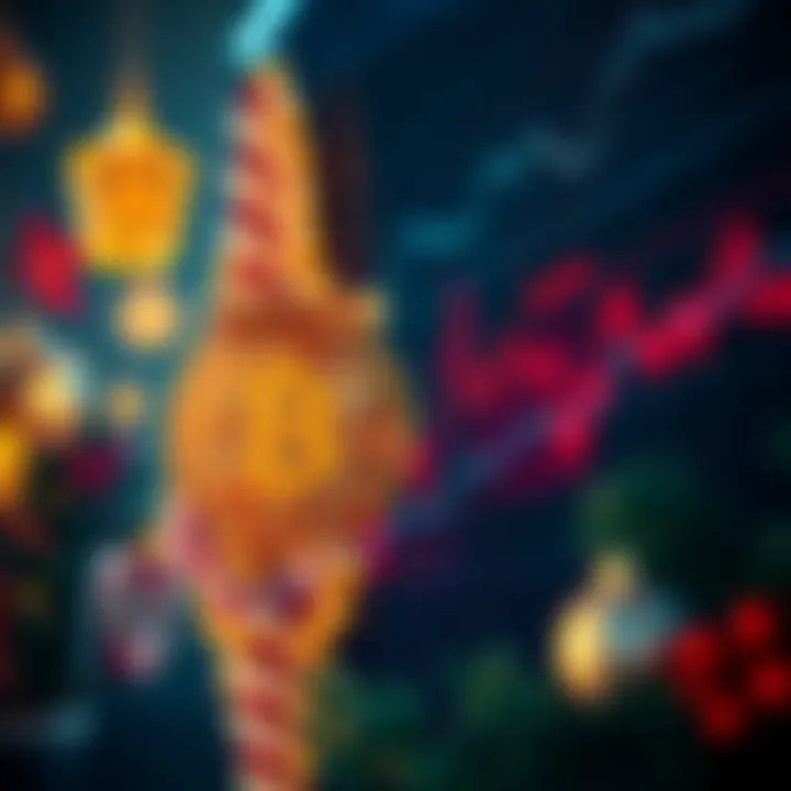 A stock market chart showing rising trends with holiday decorations in the background, while a Bitcoin symbol remains still at $88,000.