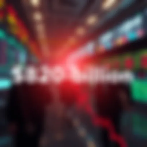 A graph showing sharp decline in stock market values, representing a loss of $820 billion, with a background of worried investors.