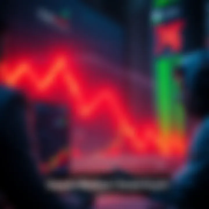 A graph showing a downward trend in the stock market with red arrows indicating losses and worried investors looking at screens.