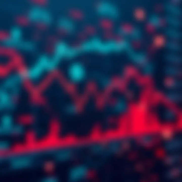 A financial chart showing declining stocks with digital currency symbols in the background, representing the struggles of digital asset treasuries investing in stocks.