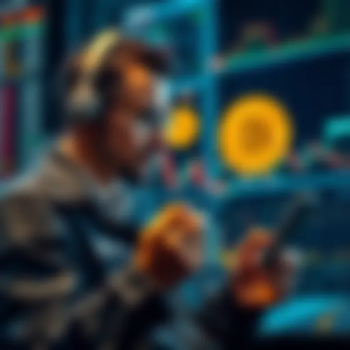 A stock owner analyzing Bitcoin charts and currency symbols, representing the clash between traditional stocks and cryptocurrencies.