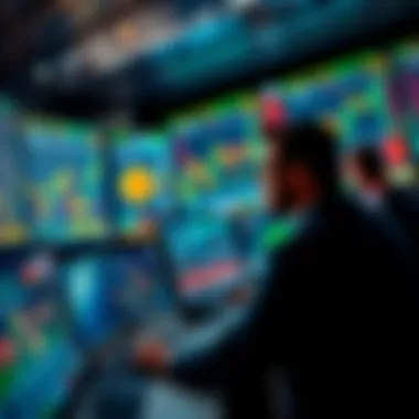 Traders monitor stock movements on screens with graphs and charts showing Bitcoin reaching high values.
