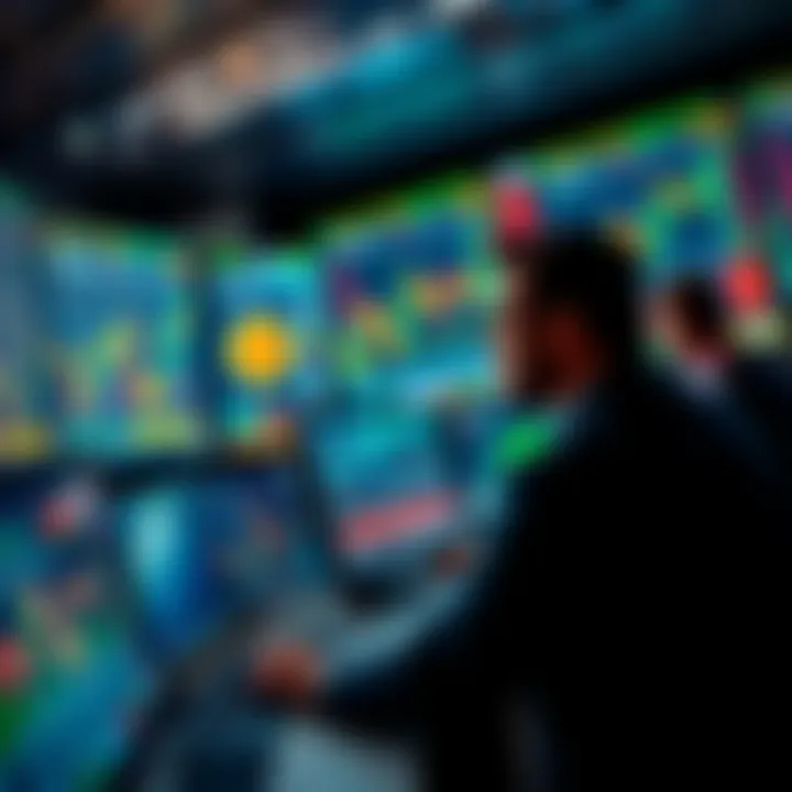 Traders monitor stock movements on screens with graphs and charts showing Bitcoin reaching high values.