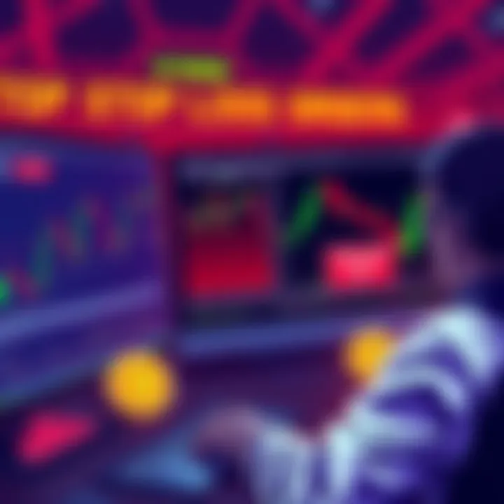 Illustration of a trader monitoring charts on a computer with stop loss orders displayed, while memecoins are highlighted