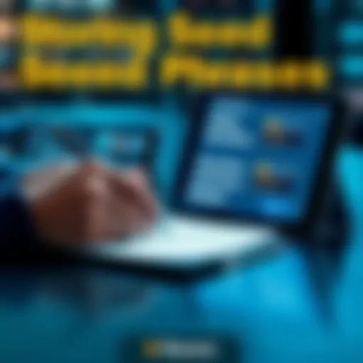 Storing Seed Phrases A person writing a seed phrase on paper next to a digital device displaying security options.