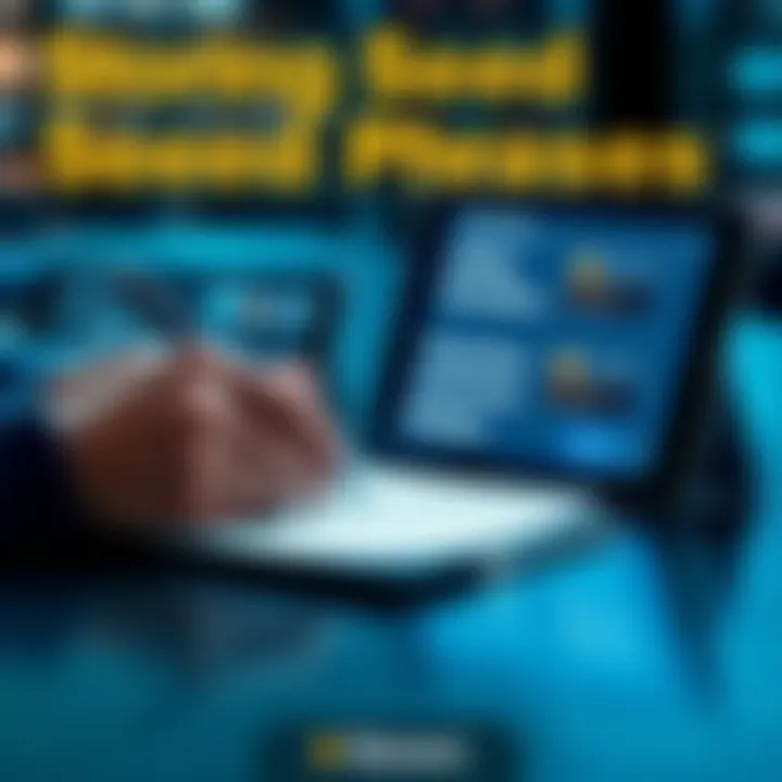 Storing Seed Phrases A person writing a seed phrase on paper next to a digital device displaying security options.