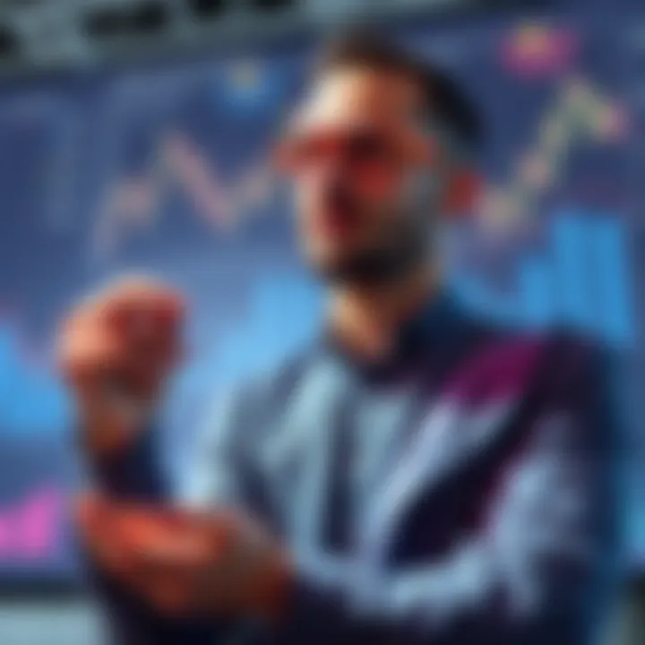 A thoughtful individual weighing options for future financial decisions with charts and graphs in the background