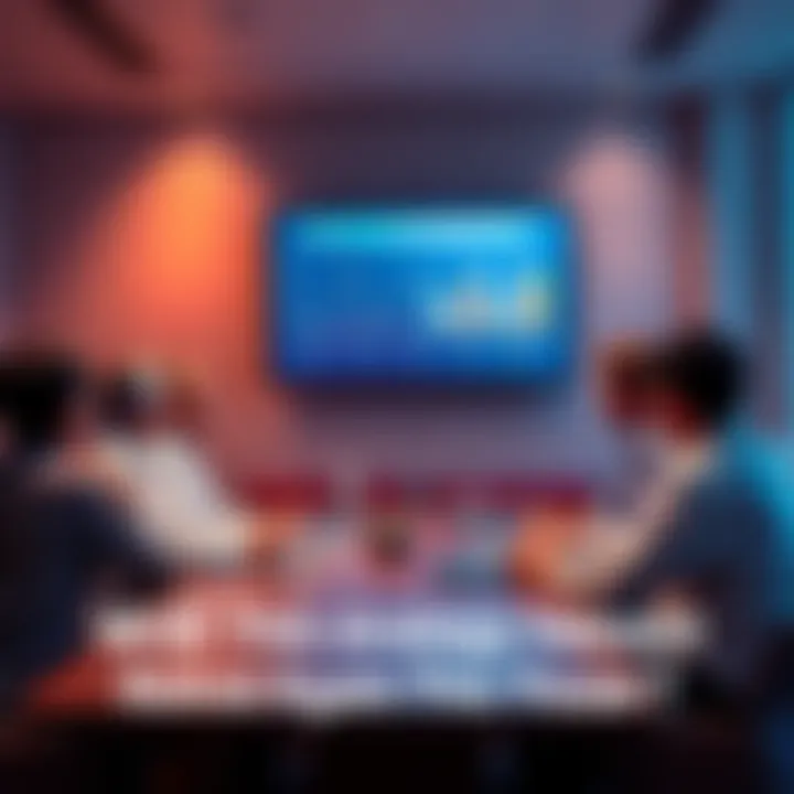 Strategy Retreat Meeting A group of business people in a conference room discussing strategy at a meeting table with charts and graphs on a screen.