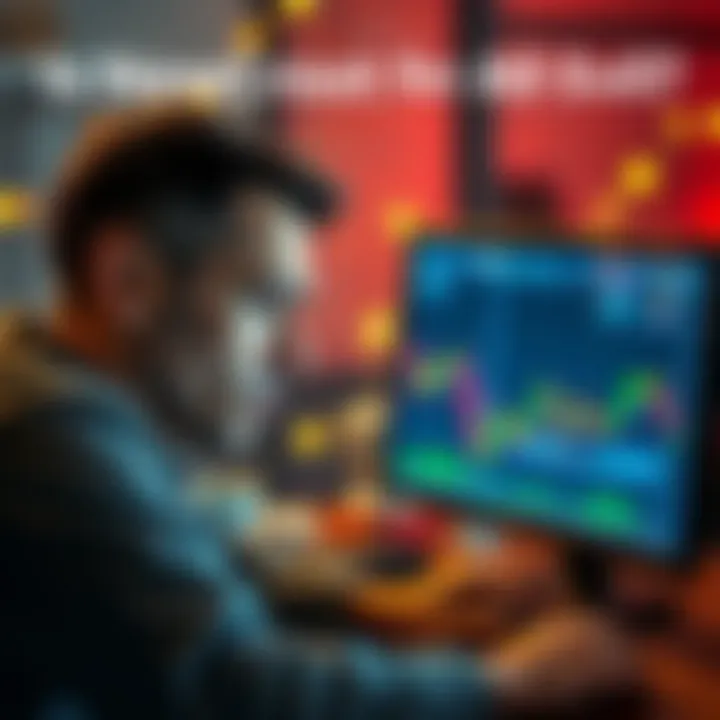 A worried individual looking at cryptocurrency charts on a computer screen, showing signs of stress and anxiety.