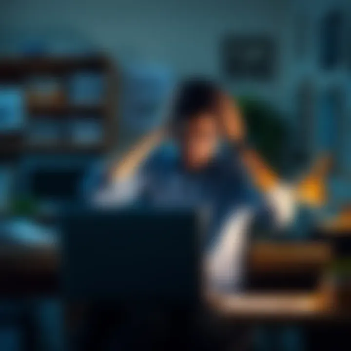 An overwhelmed employee sitting at a cluttered desk with a laptop, looking frustrated as they hold their head in their hands.