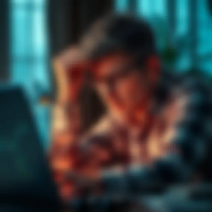 Stressed person looking at investment options A worried individual is sitting at a desk, looking at a laptop with charts and financial data, showing signs of anxiety and regret about missed buying opportunities.