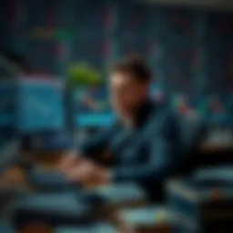 Stressed Trader at a Desk A trader sitting at a cluttered desk, looking frustrated while staring at multiple screens with trading charts.