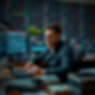 Stressed Trader at a Desk A trader sitting at a cluttered desk, looking frustrated while staring at multiple screens with trading charts.