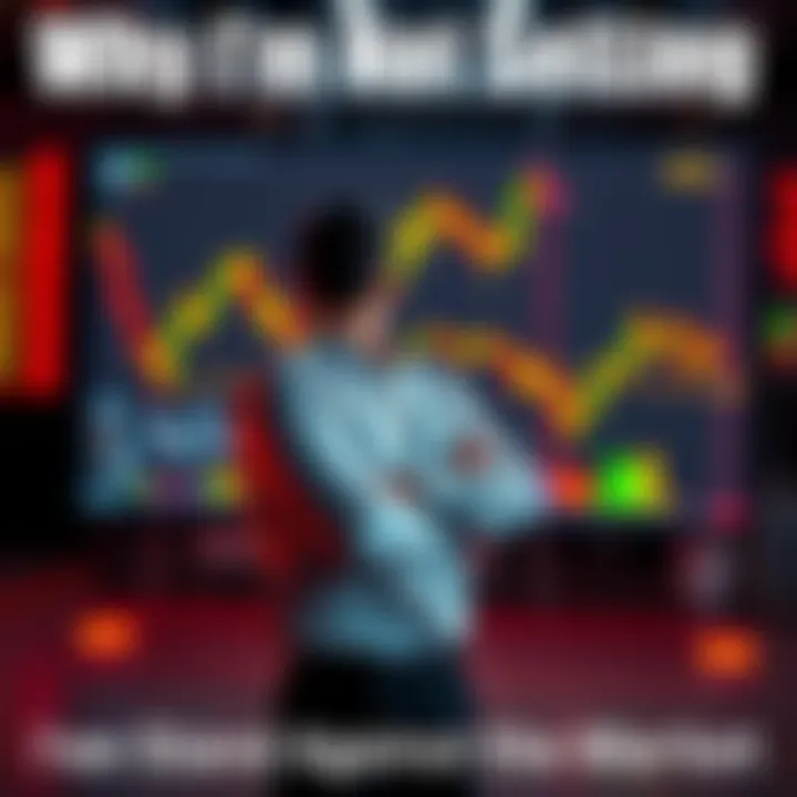 A person stands confidently with arms crossed, looking at a fluctuating market chart on a screen, symbolizing a refusal to sell assets amidst market changes.