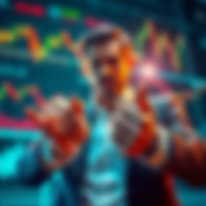 A confident investor holding stocks firmly while market charts show fluctuations.