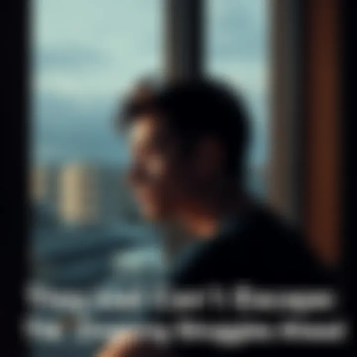 A person looking out a window, reflecting on their past with a thoughtful expression. Background shows an urban setting with shadows, symbolizing ongoing challenges.