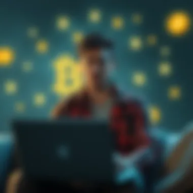 Struggling artist asking for help A concerned artist looking distressed, holding a laptop, with cryptocurrency symbols in the background, seeking community support after theft.