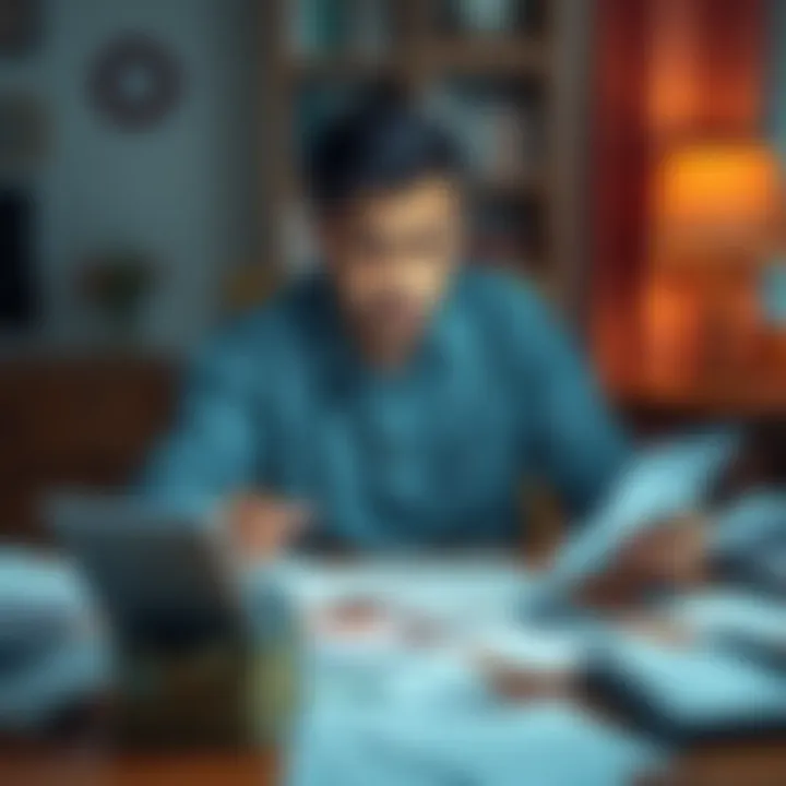 A stressed homeowner looks worried while sitting at a table full of bills and mortgage papers, showing signs of financial distress.