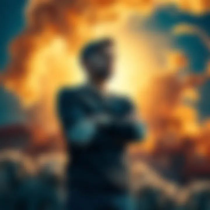 A close-up of a person standing firm, arms crossed, against a backdrop of swirling change, symbolizing resistance to shifting opinions.