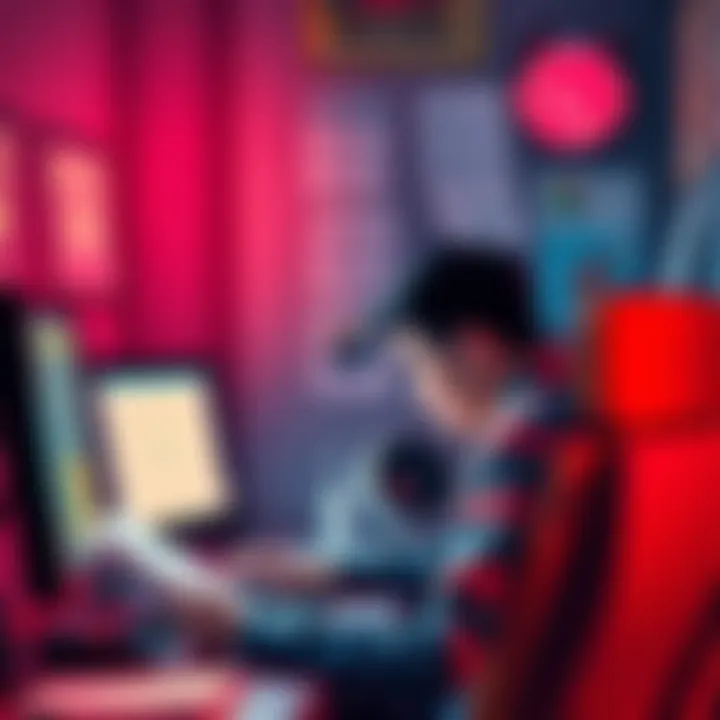 A frustrated person looking at their computer screen, waiting for KYC approval, surrounded by paperwork and a clock showing time passing.
