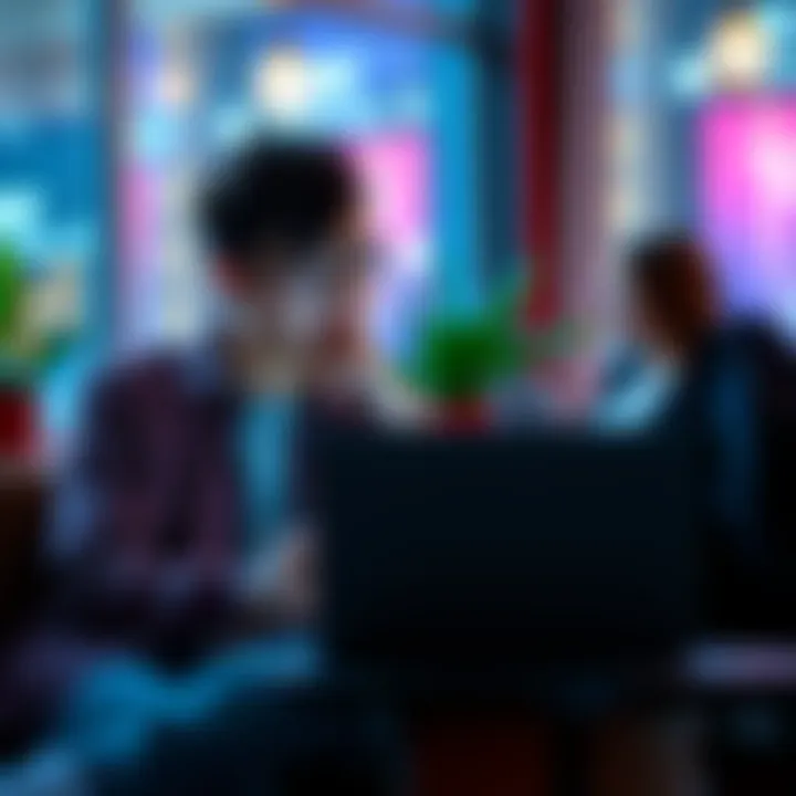A student in a casual setting looking at a laptop while selling Bitcoin and contemplating tax implications.