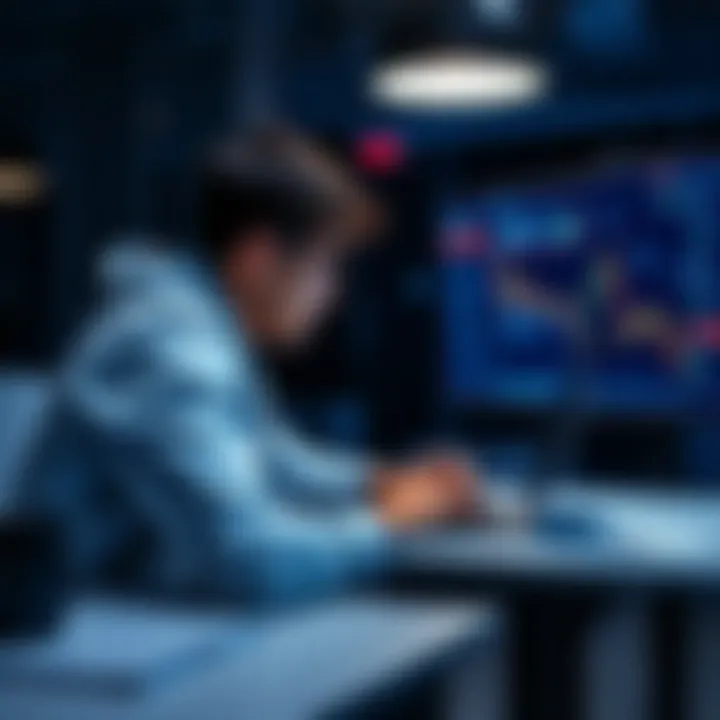 A college student sits at a desk with a laptop, studying graphs and tweets related to bitcoin sentiment analysis.