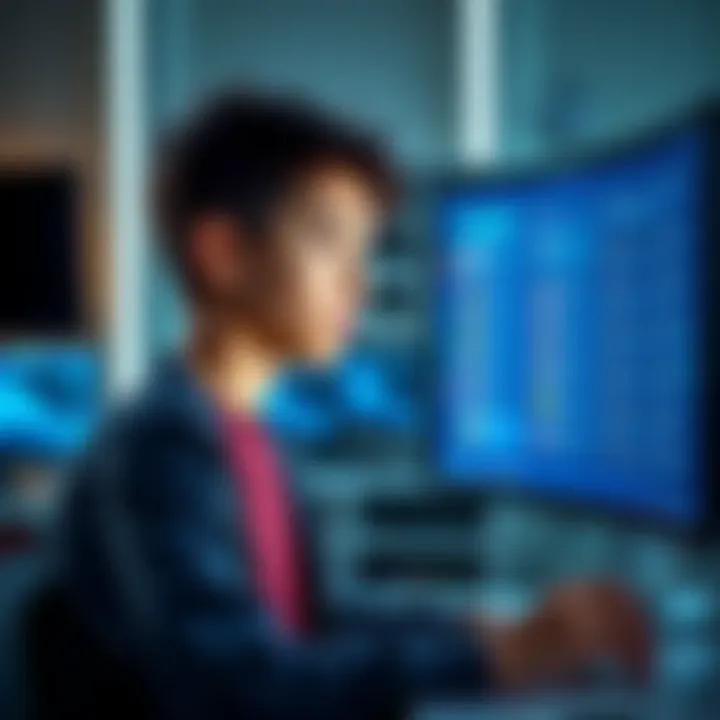 A high school student looks thoughtfully at a computer screen displaying cryptocurrency options, pondering financial choices.
