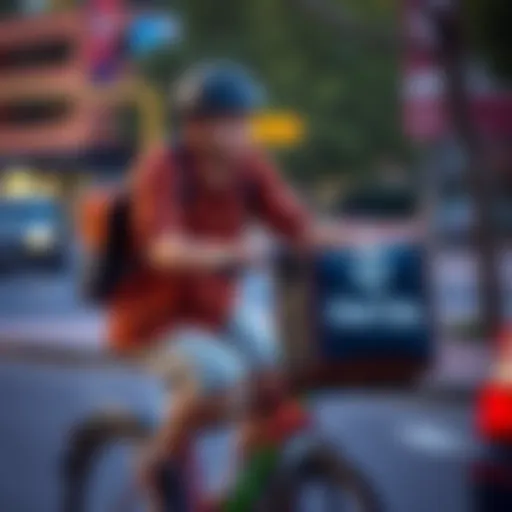 A student in Flagstaff, AZ, biking while carrying an Uber Eats bag, focused on making deliveries to earn Bitcoin.